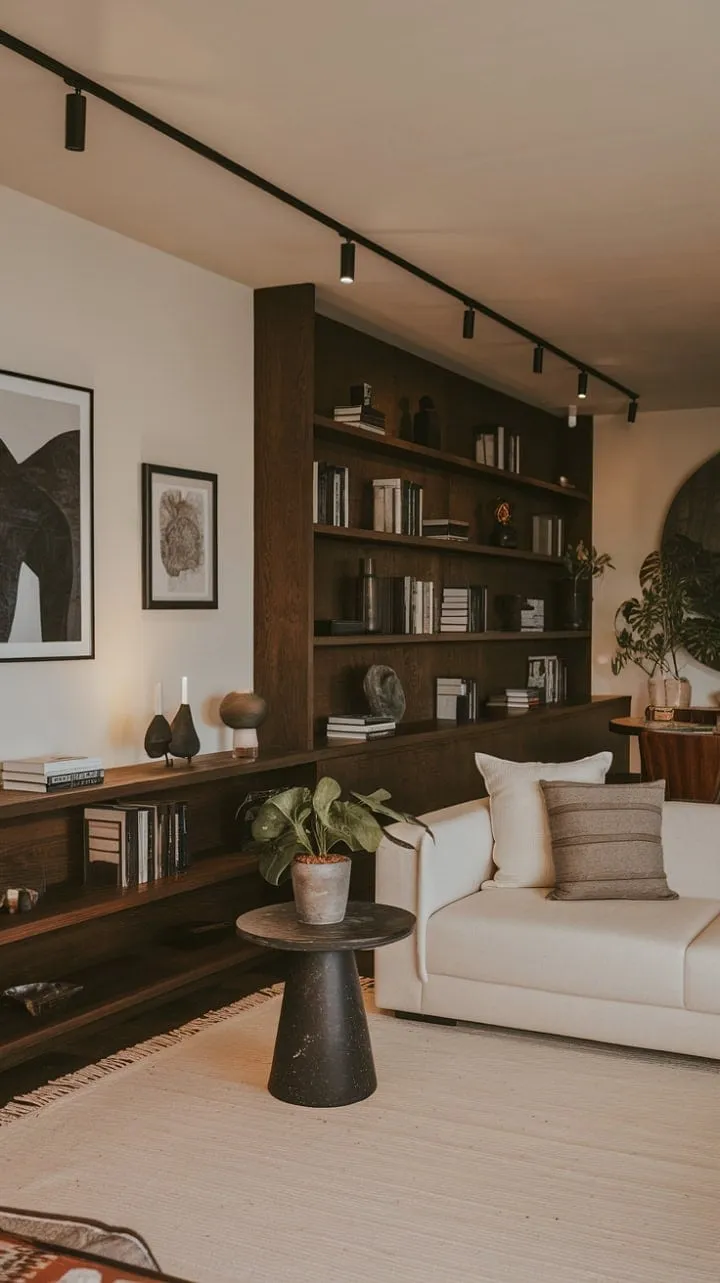 This minimalist one-bedroom apartment harmoniously blends dark wood, soft textures, and curated artwork to create a tranquil sanctuary that balances style and comfort.