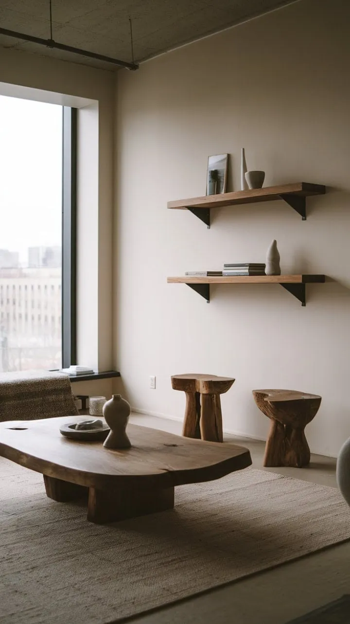 This minimalist one-bedroom apartment transforms urban living into a serene retreat, blending natural textures and clean lines with stunning city views.