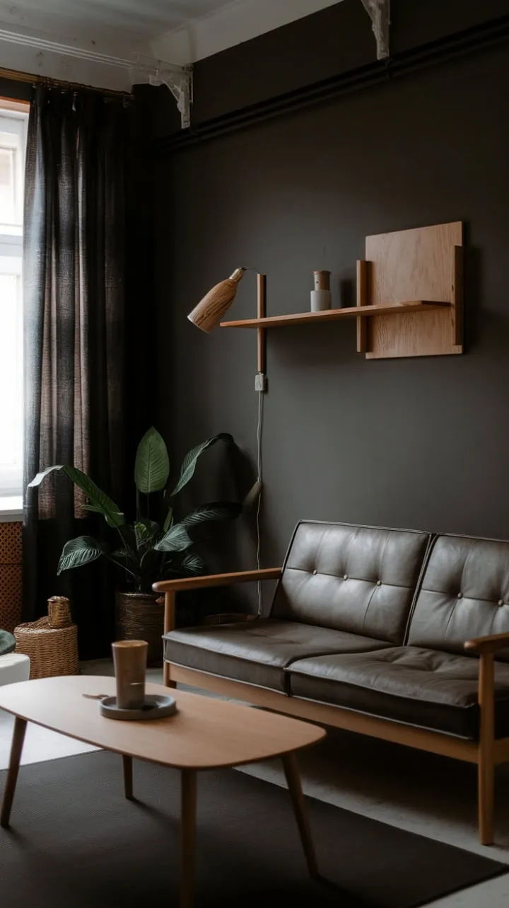 This stylish minimalist one-bedroom apartment, with its dark walls, warm wood, and organic green accents, exudes a cozy sophistication that invites relaxation.