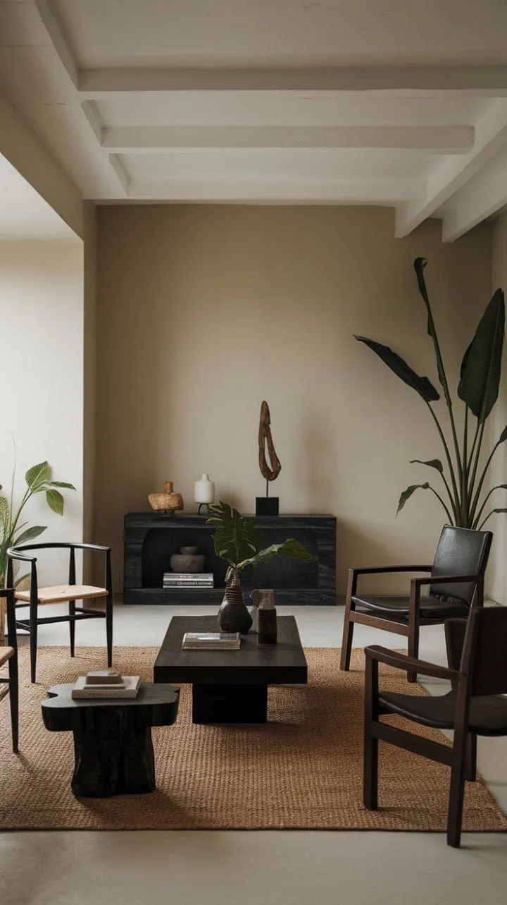 This one-bedroom apartment's living room elegantly showcases the beauty of minimalism with dark wood, natural light, and a striking wooden sculpture that exudes sophistication.