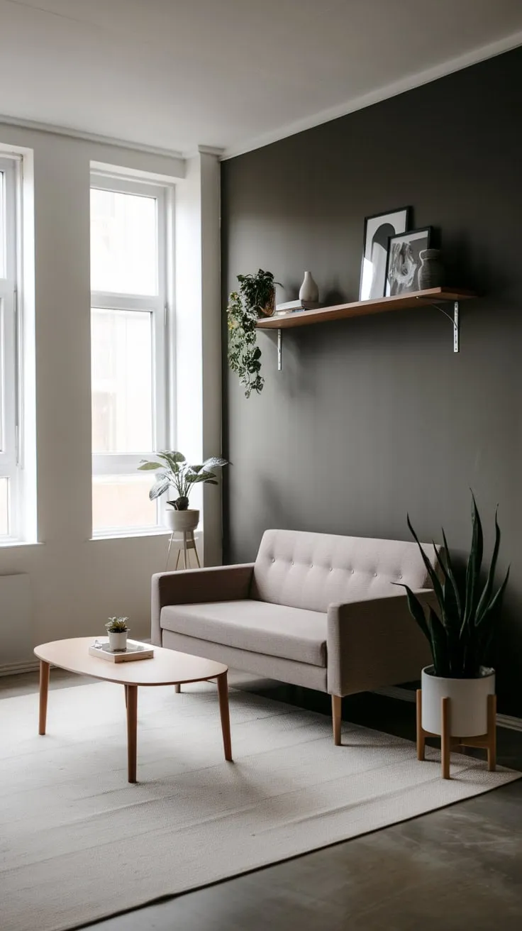 A cozy one-bedroom apartment boasts a minimalist living room with a dark grey backdrop, simple furnishings, and soft natural light.