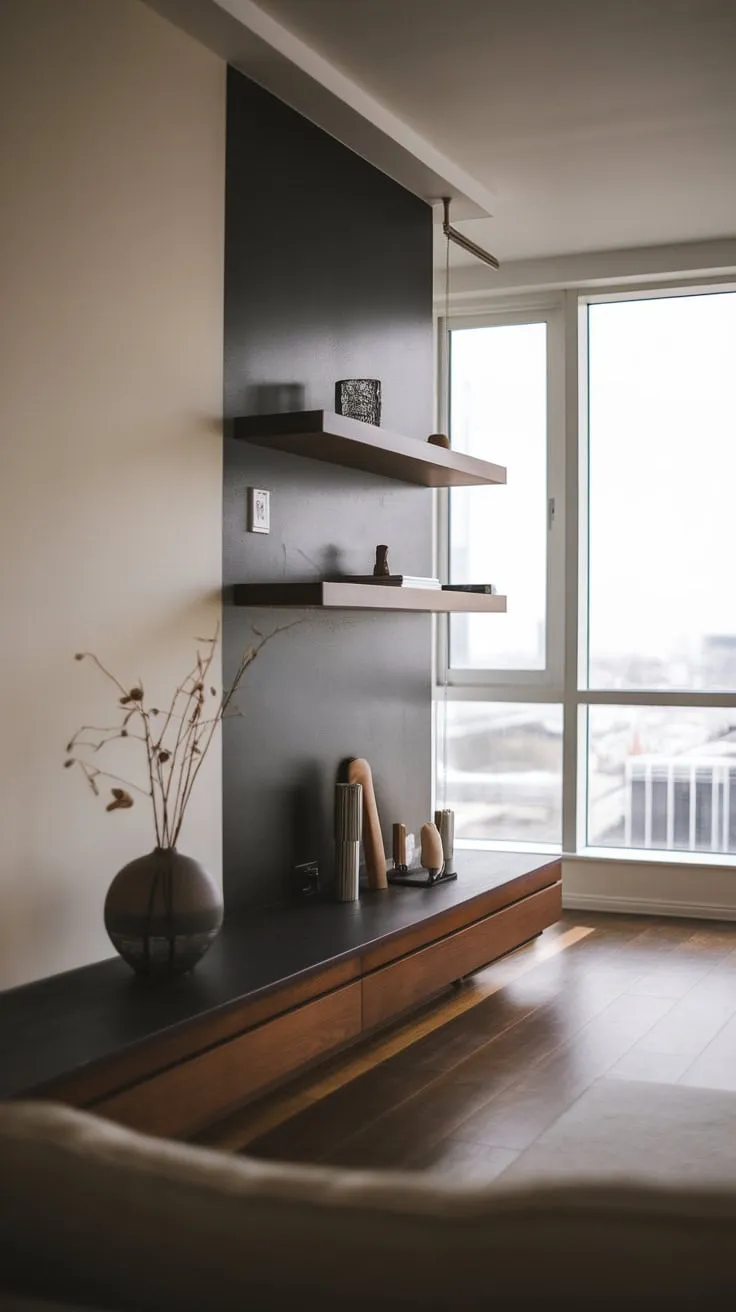 A wood-floored minimalist apartment living room boasts a dark organic modern design, neutral tones, a cityscape view, and a floating wood shelf showcasing curated items.
