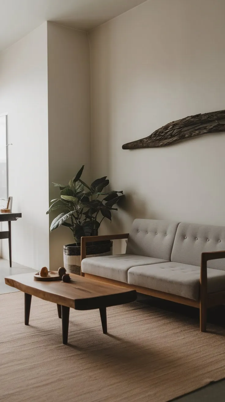 A minimalist one-bedroom apartment boasts a modern living room with dark organic decor, a gray sofa, and a wooden coffee table centered on a beige rug.