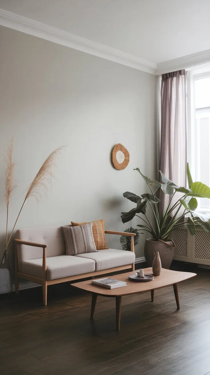 Dark wood floors and sparse décor define this cozy, minimalist one-bedroom apartment's living room.