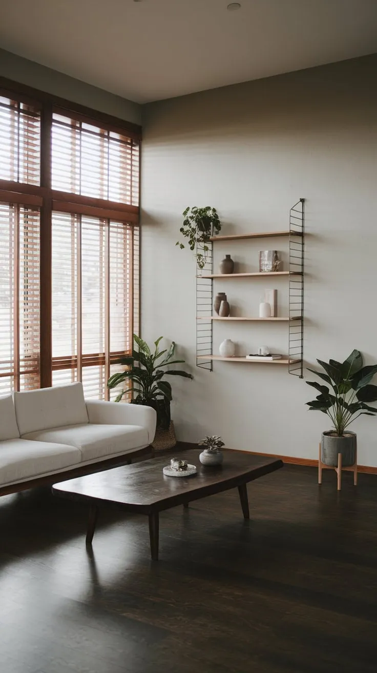 Light gray walls and dark wood floors accent a minimalist living room's organic modern style, featuring a white sofa and natural wood accents