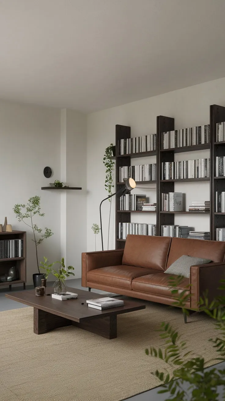 Neutral tones and simple furnishings define this minimalist one-bedroom apartment's living room, achieving sophisticated comfort.