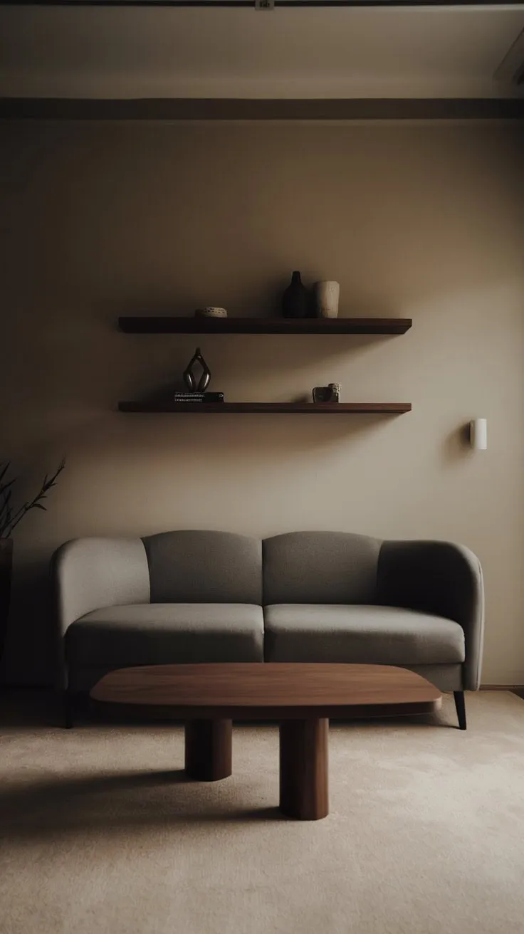 A cozy, dark-toned living room in a minimalist one-bedroom apartment showcases simple furniture and wood details.