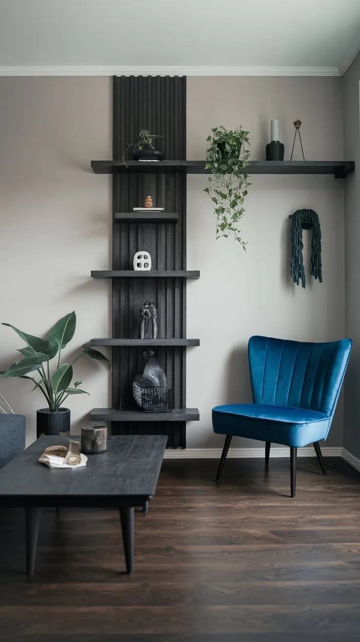 A light grey backdrop highlights dark wood furniture and pops of blue in this stylish, minimalist one-bedroom apartment.
