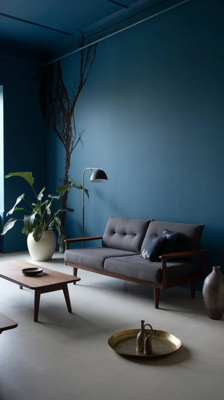 Dark blue walls and organic elements create a sophisticated minimalist haven in this one-bedroom apartment's living room
