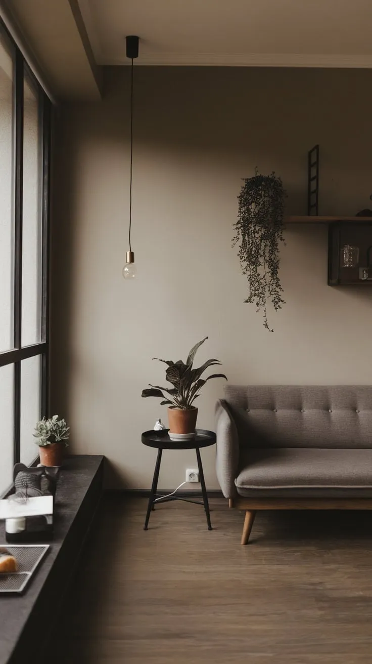 Sunlight streams into a minimalist one-bedroom apartment's living room, showcasing a modern dark organic design with carefully curated furniture and decor