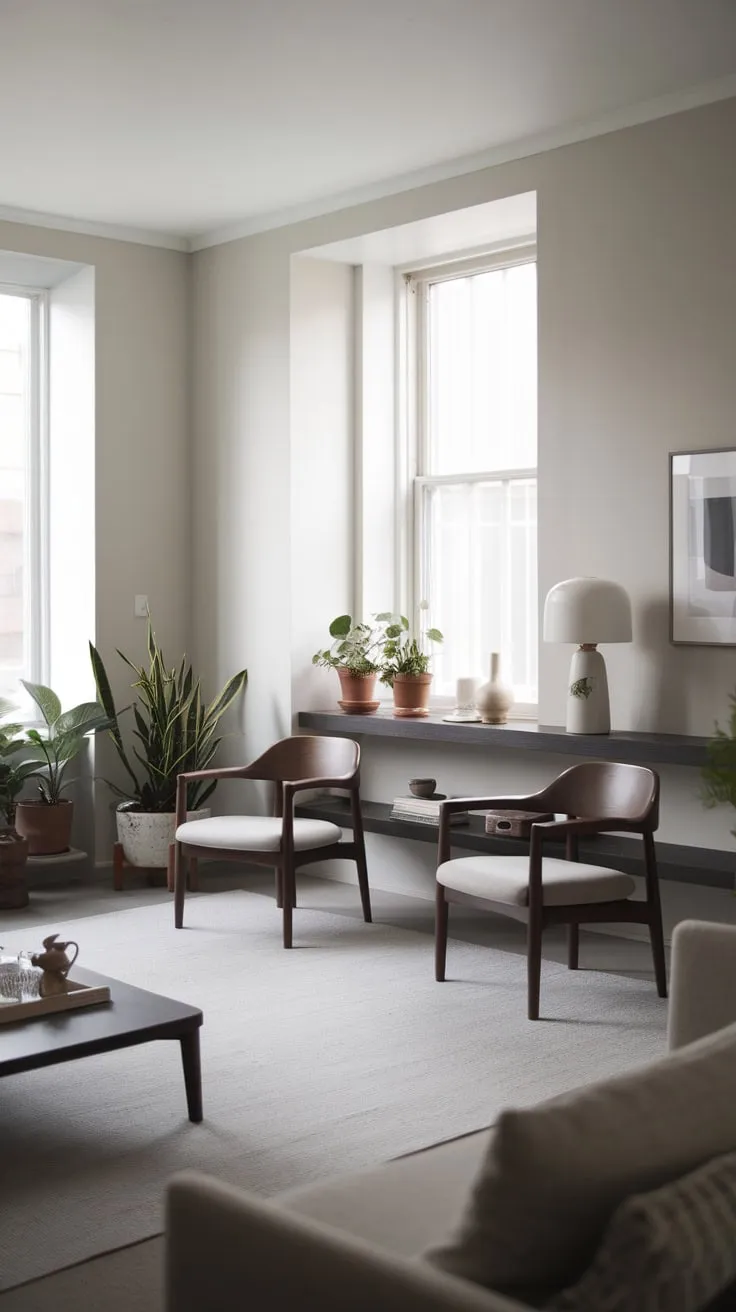 Natural light floods a minimalist one-bedroom apartment living room featuring a neutral palette, dark wood accents, and a few carefully chosen plants
