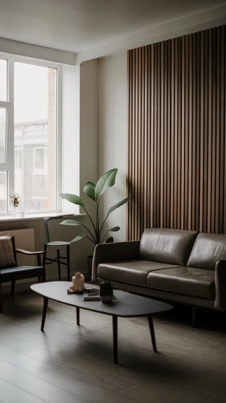 This serene one-bedroom apartment blends minimalist design with a dark, organic modern aesthetic, featuring a striking wood accent wall and abundant natural light for a tranquil sanctuary.