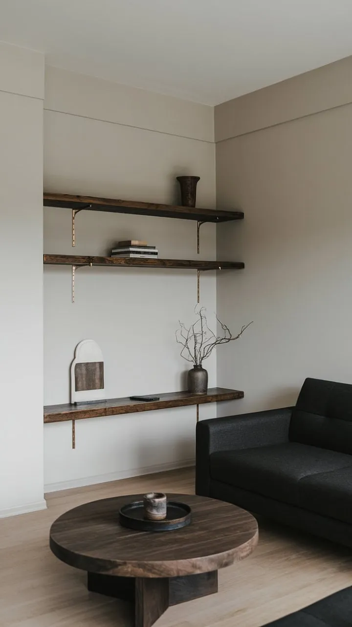 This one-bedroom apartment epitomizes understated elegance, where dark organic decor and light grey walls harmoniously blend modernity with warmth through thoughtfully selected furnishings.