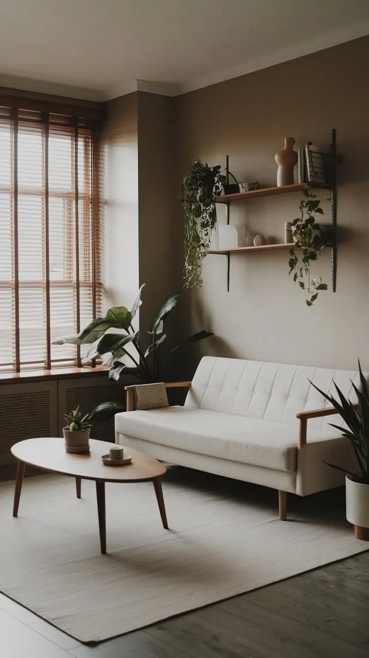 This serene sanctuary blends organic modern aesthetics with a neutral palette and lush greenery, embodying mindful living in a compact oasis.