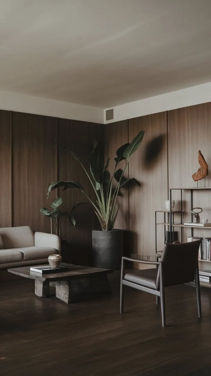 This serene one-bedroom apartment blends organic modern decor with rich wood paneling and lush greenery, creating a sophisticated yet inviting sanctuary of calm.