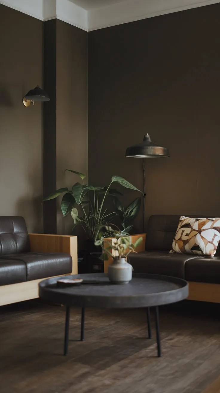 Dark walls and a few carefully chosen pieces create a sophisticated minimalist haven in this one-bedroom apartment's living room