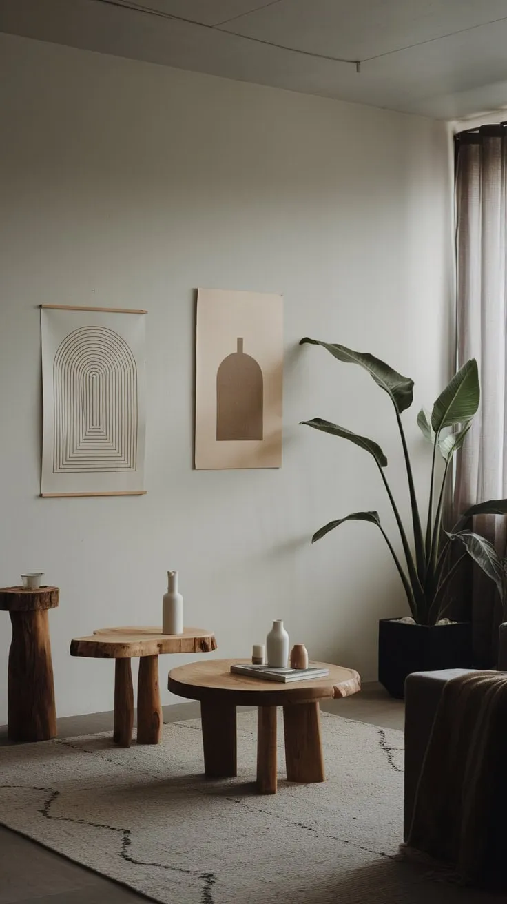 A serene, neutral-toned minimalist living room in a one-bedroom apartment boasts organic modern decor, a few wooden accents, and a large plant, creating a calm and stylish space.