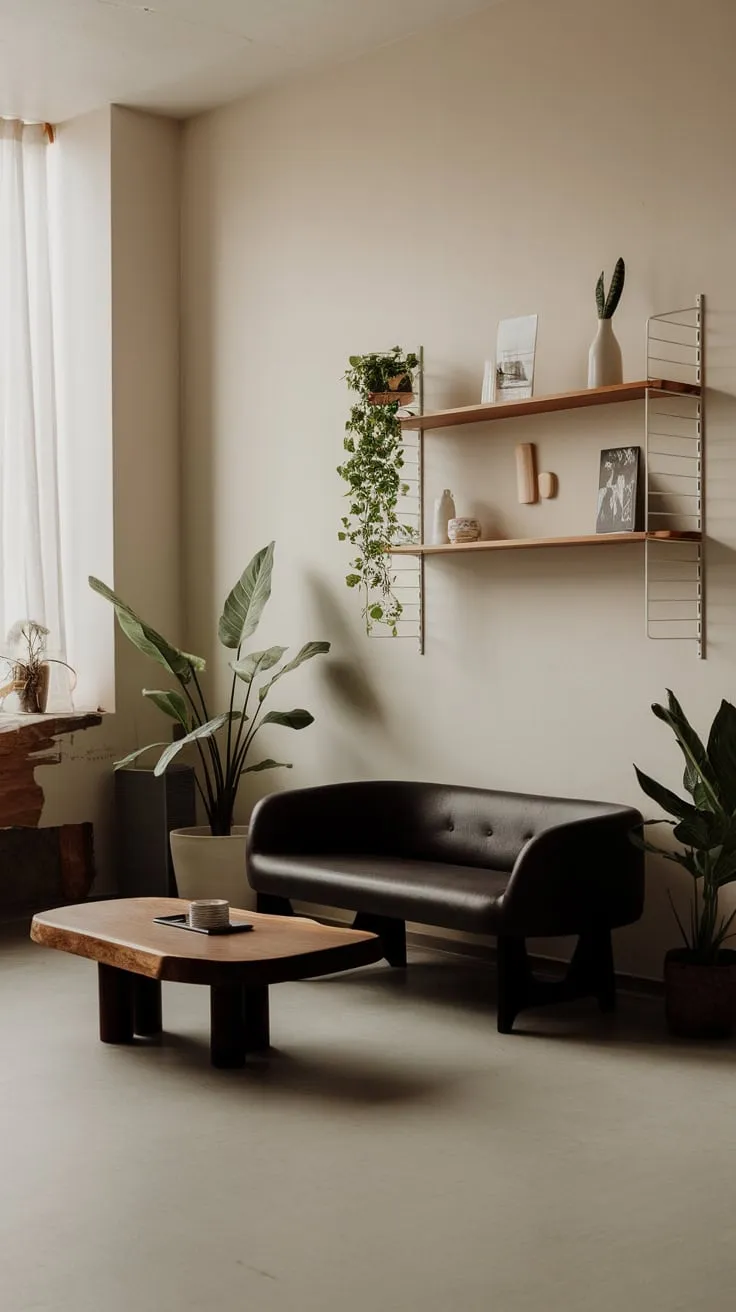 A calm wood-toned apartment living room showcases minimalist design with a dark sofa and sparse yet stylish decor.