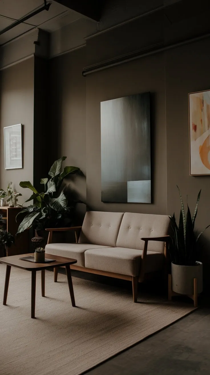 A modern, dark-toned apartment living room showcases minimalist design with a beige sofa, wooden elements, and pops of greenery.