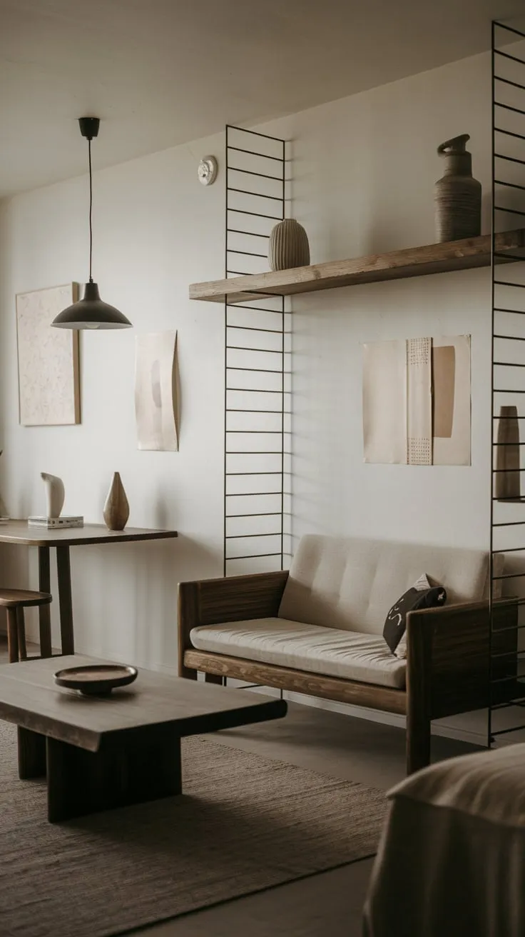 A dark organic modern aesthetic defines this minimalist one-bedroom apartment's living room, featuring a neutral palette and carefully curated wooden furniture.