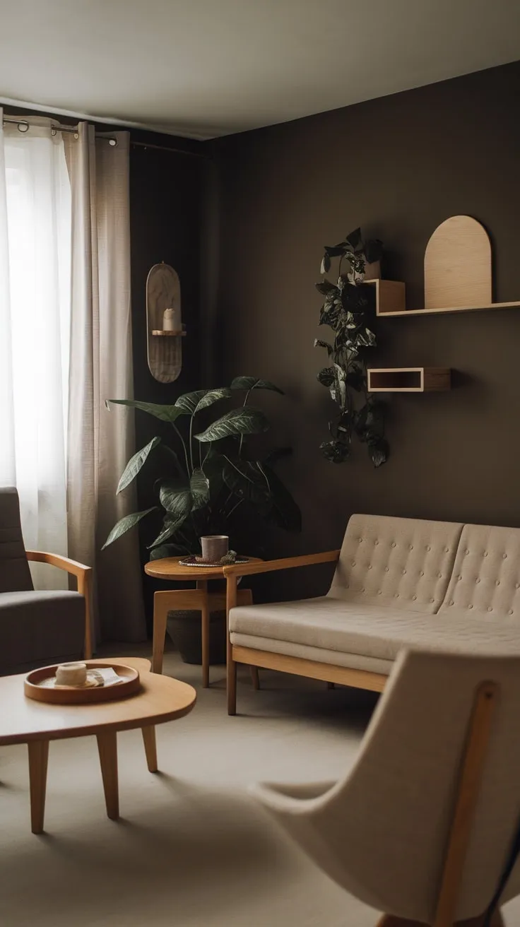 A cozy one-bedroom apartment boasts a minimalist living room featuring a neutral palette and carefully selected furniture.