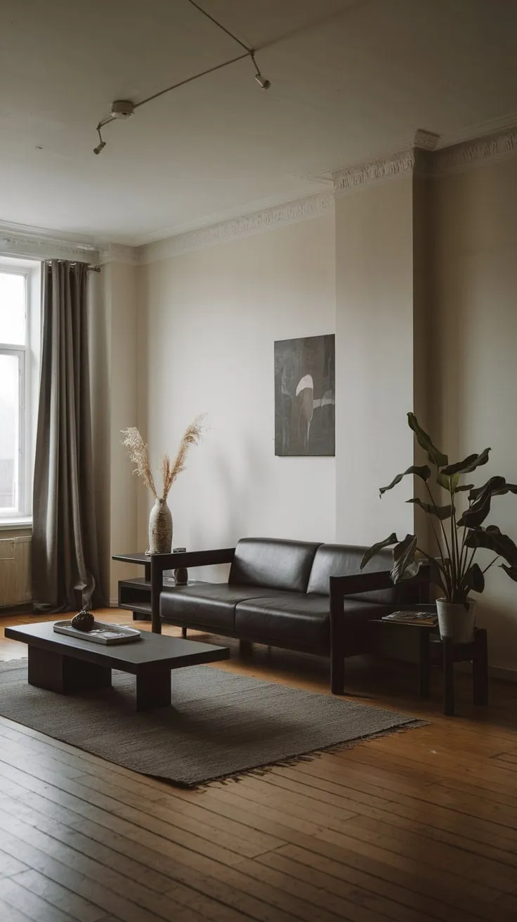 A stylish minimalist living room, featuring dark organic decor and natural wood floors, maximizes space in a small apartment.