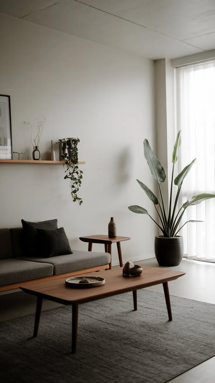 A gray rug anchors the modern wooden furniture and white walls in this minimalist one-bedroom apartment living room.