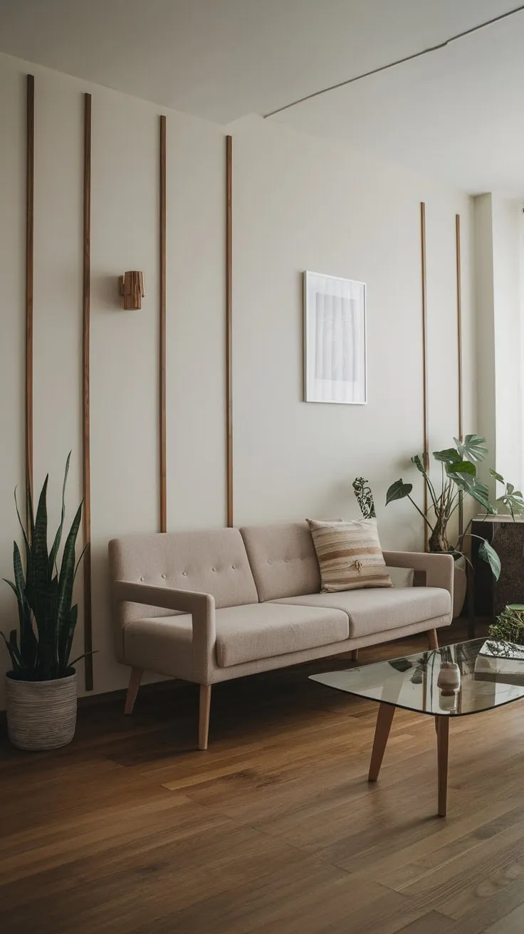 A cozy one-bedroom apartment boasts a minimalist living room featuring organic modern decor and natural wood elements.