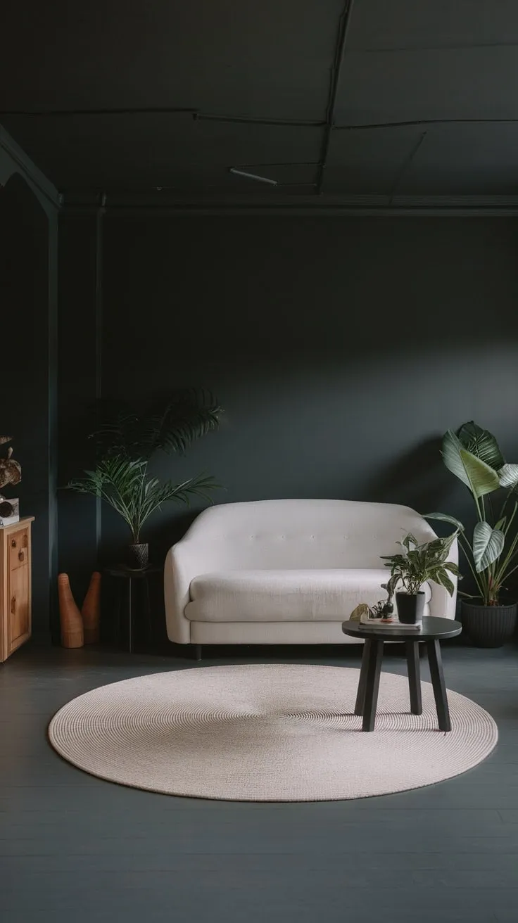 A dark grey one-bedroom apartment boasts a minimalist living room featuring a white sofa, wooden accents, and a large round rug, creating a sophisticated organic modern space