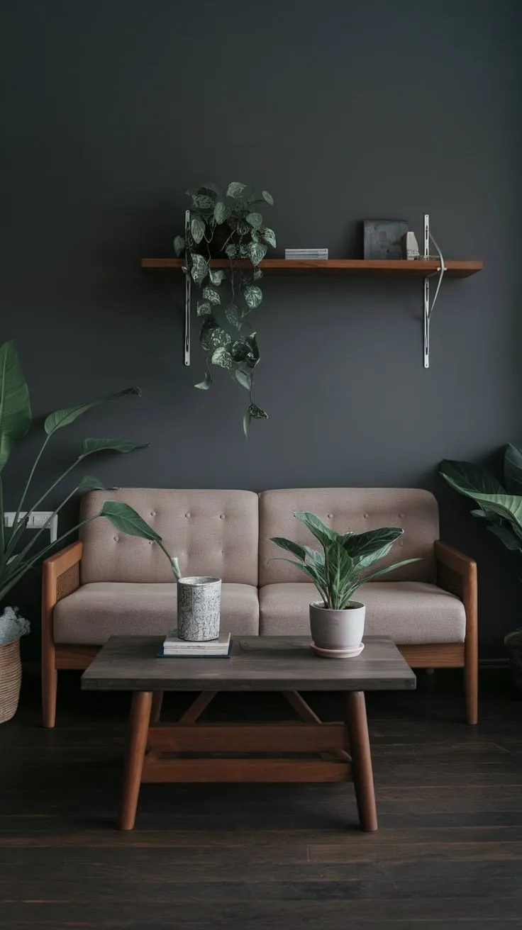 Dark grey walls and dark wood floors accentuate a beige sofa and sparse greenery in this minimalist one-bedroom apartment's living room