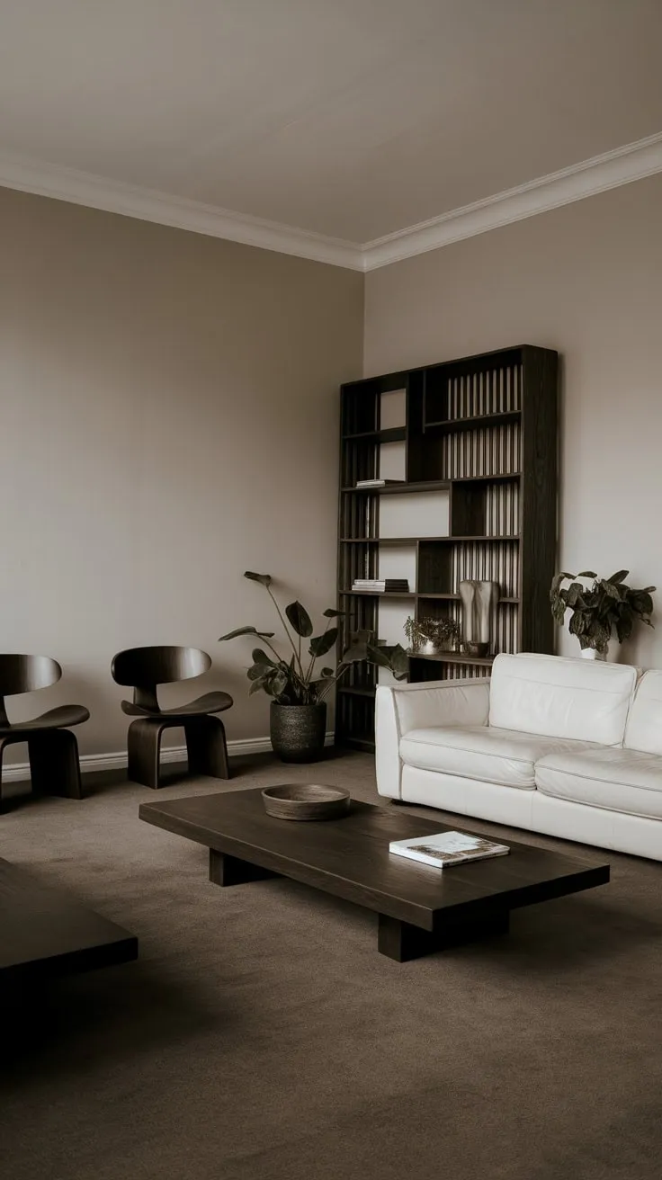 A light grey apartment boasts a minimalist living room with dark wood accents, a white leather sofa, and organic modern design elements.