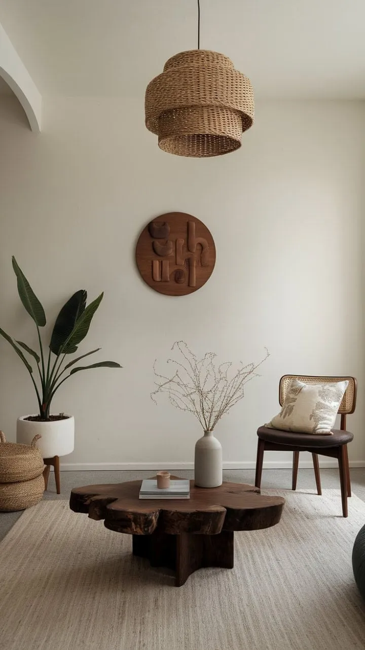 This minimalist living room, adorned with dark wood tones and sleek lines, embodies sophisticated serenity, making it an inviting sanctuary for a one-bedroom apartment.