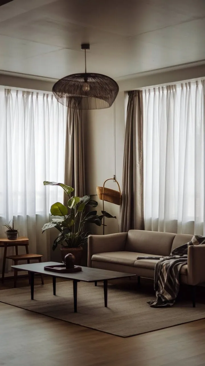 Bathed in sunlight, this minimalist one-bedroom apartment exudes serene elegance with its organic textures, muted tones, and a single plant that breathes life into its tranquil design.