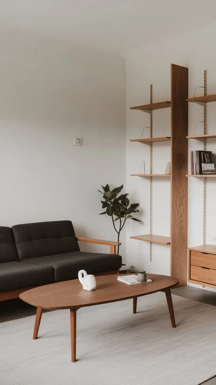 This minimalist living room harmoniously blends sophistication and serenity with its dark gray sofa and wooden accents, exemplifying the art of intentional design in compact spaces.