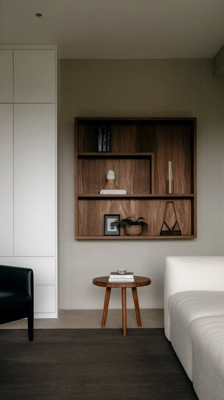 This minimalist one-bedroom apartment harmoniously fuses organic modern design with a soothing neutral palette, creating a perfectly curated haven of calm and sophistication.