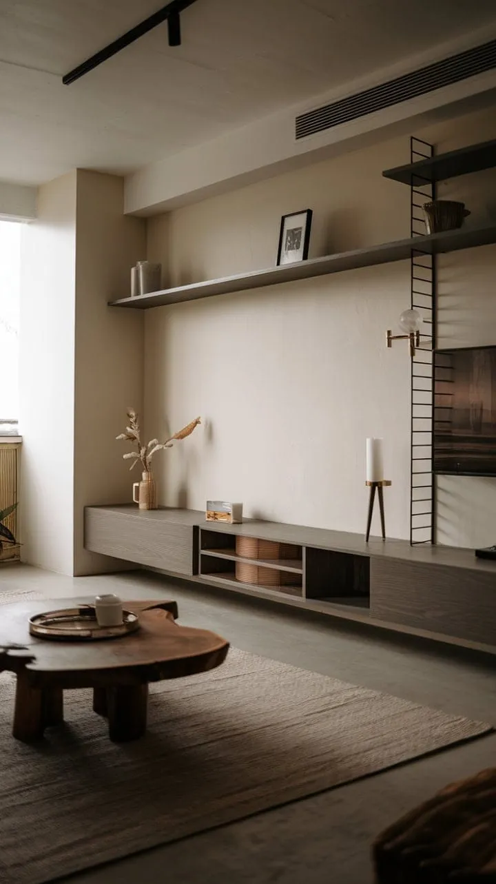 This stylish one-bedroom apartment showcases how minimalist design can achieve sophistication through a muted palette, natural wood, and smart furniture placement that maximizes space.