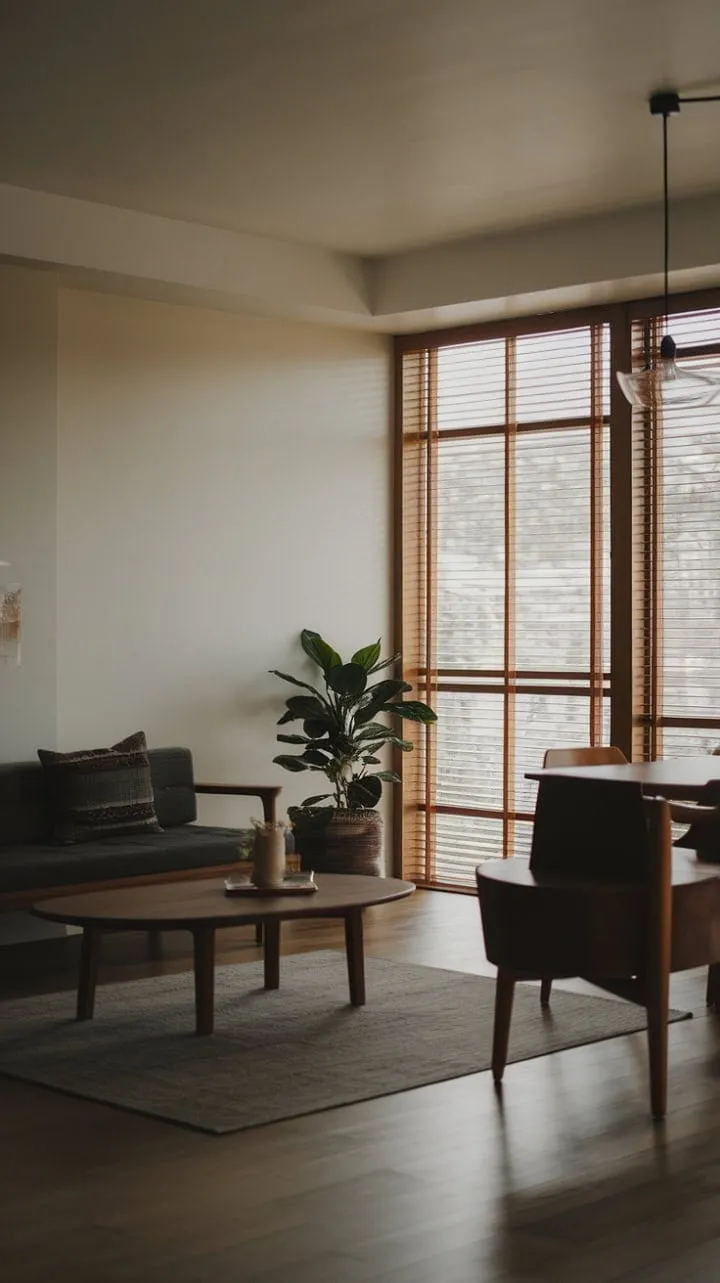 Sunlight dances through wooden blinds, revealing a serene minimalist apartment where dark organic elements and a single potted plant create a tranquil oasis of elegance.
