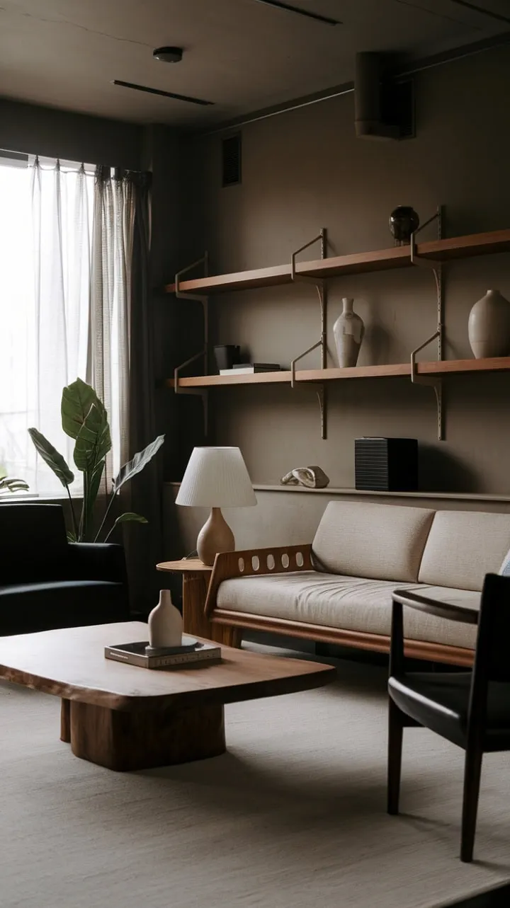 This minimalist living room harmoniously blends dark moody walls with light beige furnishings and natural materials, creating a serene space of understated elegance.