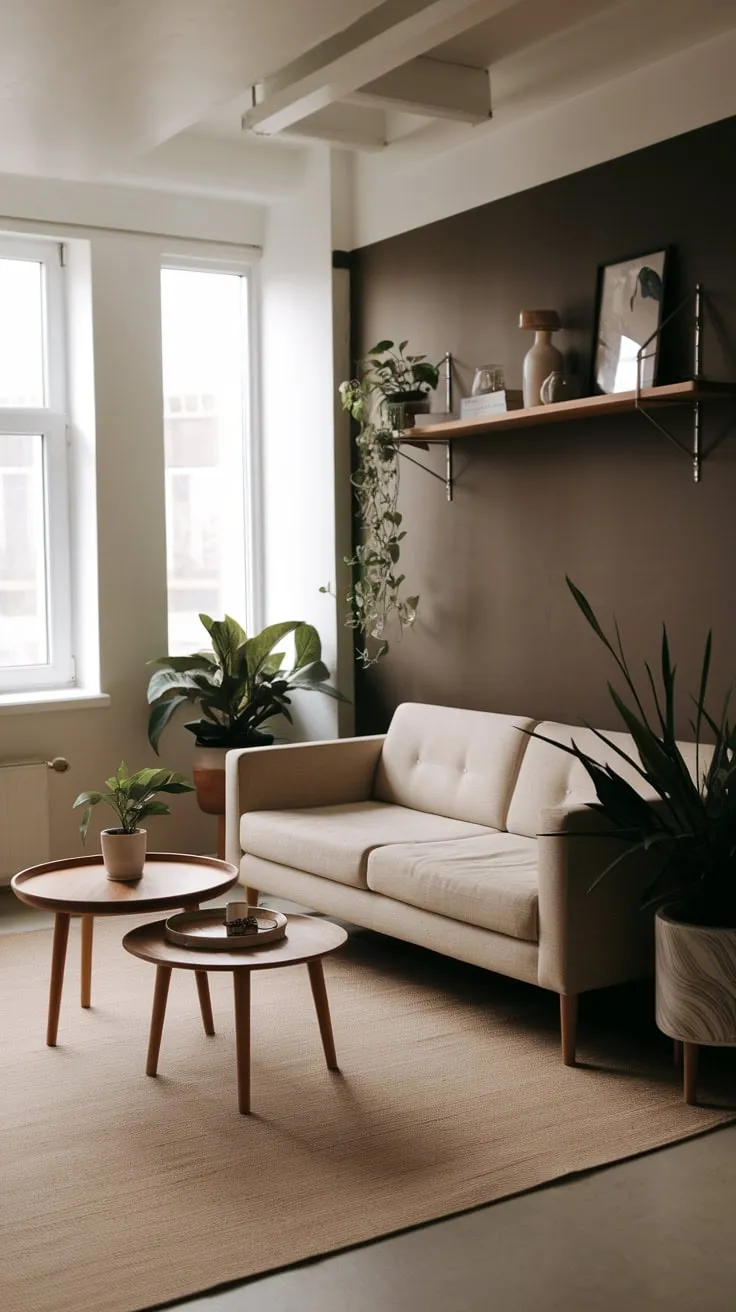 Natural light brightens a calm, dark-walled living room featuring a beige sofa, wooden accents, and sparse greenery.