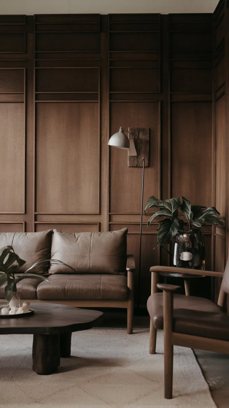 Warm wood tones and a few carefully chosen pieces create a serene minimalist living room.
