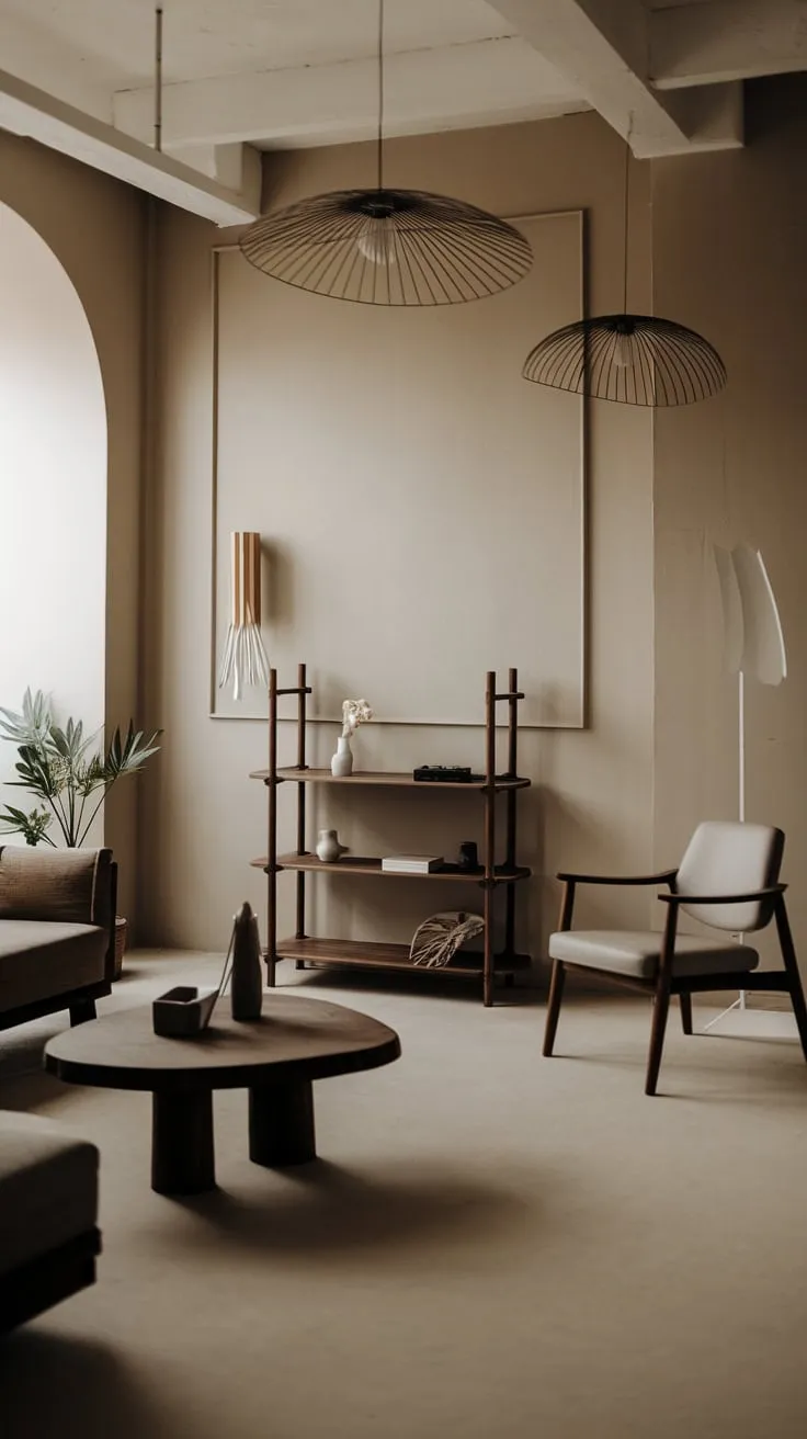 Dark organic decor and wood accents create a serene minimalist living room in a neutral beige and grey palette.
