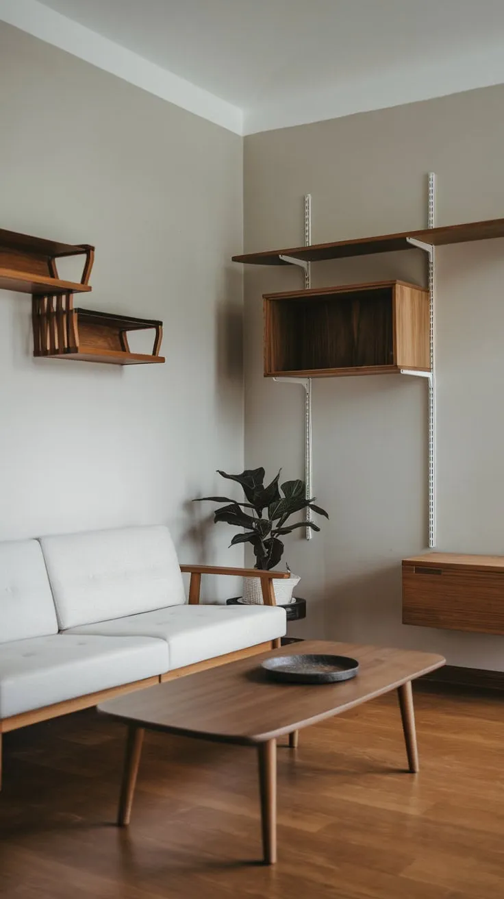A modern one-bedroom apartment boasts a minimalist living room featuring a calming palette of light grey and natural wood.