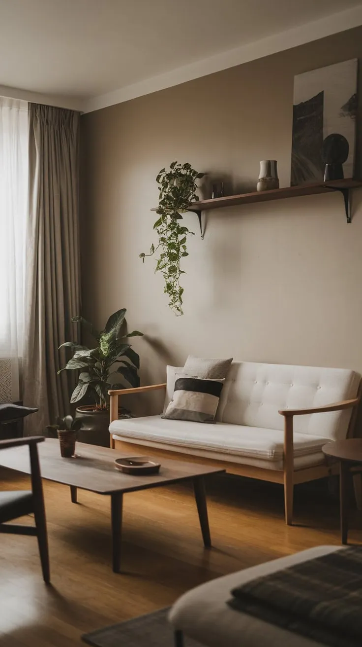 A white sofa and wooden accents define the calm, modern aesthetic of this minimalist one-bedroom living room.