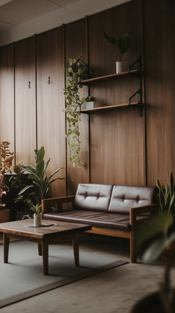 Warm wood tones and sparse furnishings create a cozy, minimalist haven in this one-bedroom apartment's living room