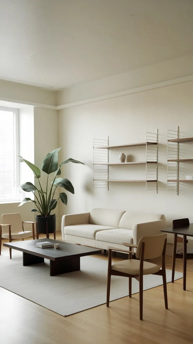 Clean lines and natural light define this minimalist one-bedroom living room, showcasing a serene and functional space