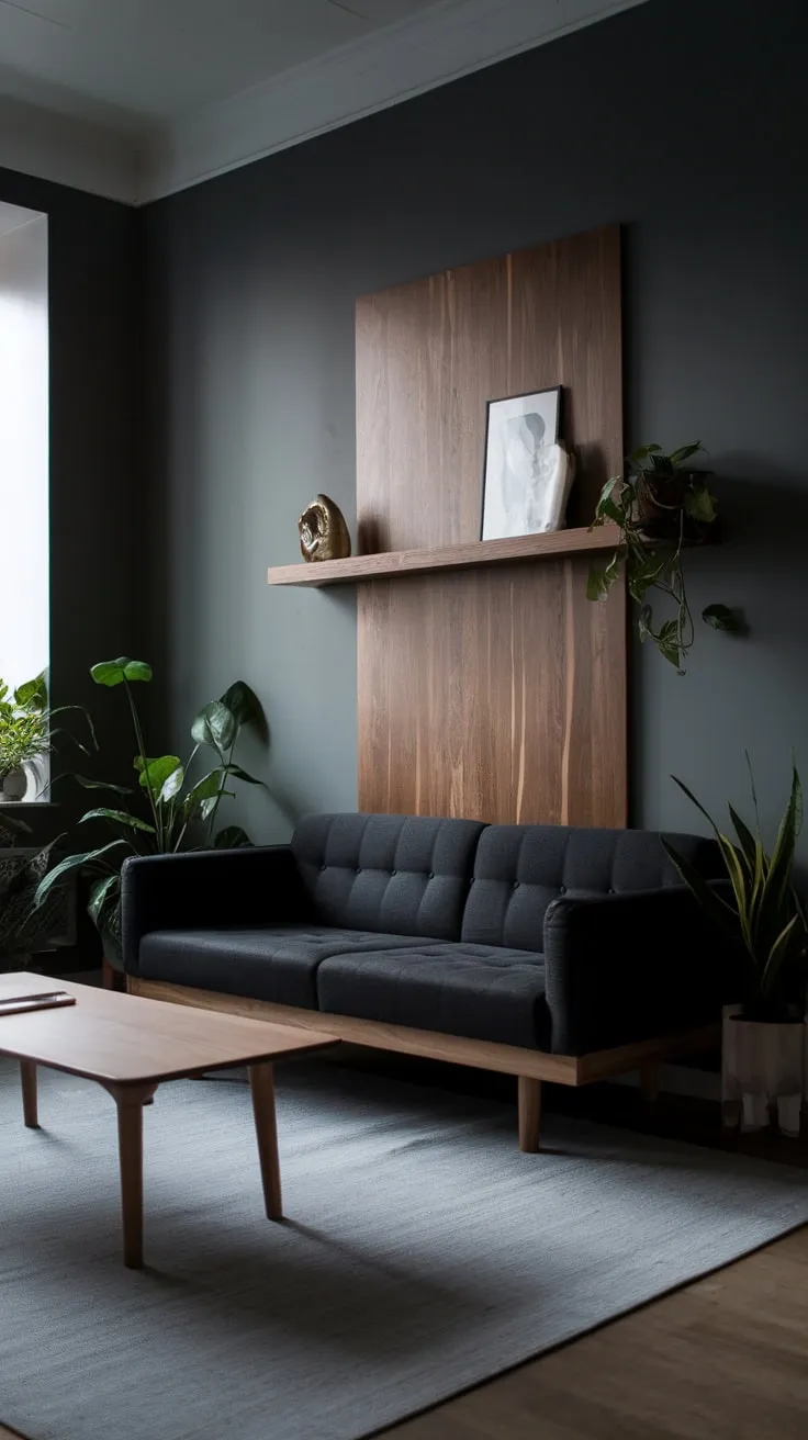 A sophisticated dark-themed minimalist living room in a small apartment showcases natural wood and muted greys for a calming atmosphere.