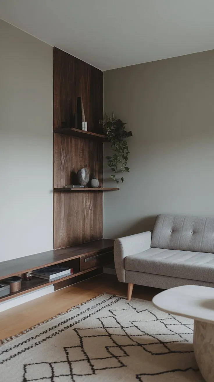 A serene gray and wood minimalist living room in a one-bedroom apartment features a large wooden shelf, gray sofa, and geometric rug, showcasing organic modern design with minimal decor.
