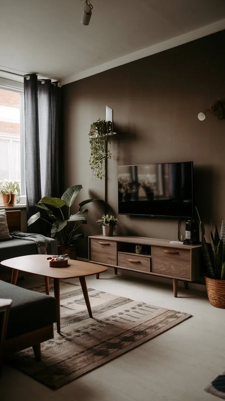 A small, stylish living room boasts a dark organic palette, wood furniture, and strategically placed plants for a minimalist feel.