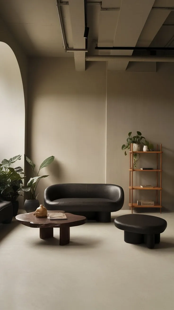 A serene minimalist living room, featuring a dark sofa and wooden accents against a neutral palette, creates a calm and stylish one-bedroom apartment.