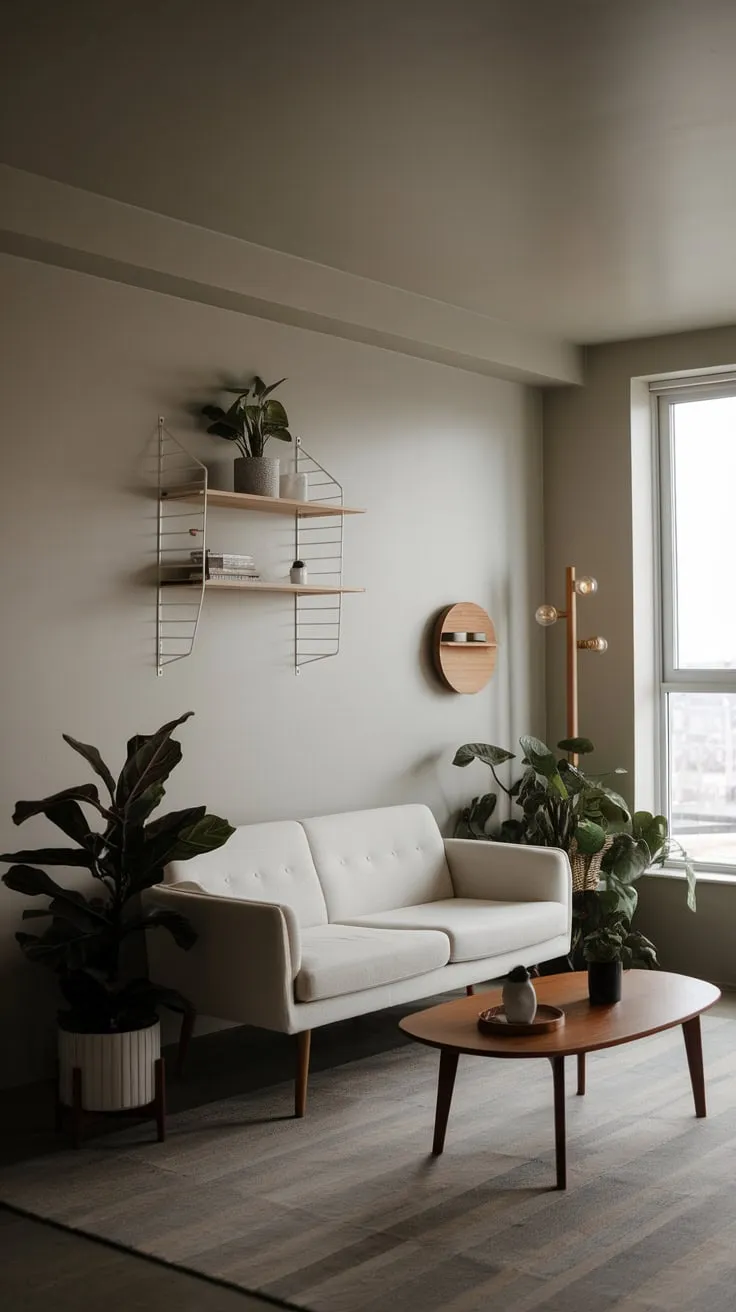 Organic modern decor defines this small, calming living room with a white sofa, potted plants, and wooden elements against a light gray backdrop.